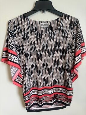 JM Collection Black, Taupe & Coral Printed Flutter-Sleeve Rhinestone Trim Top XS